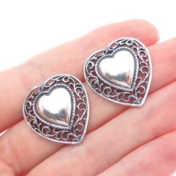 Jewelry - 925 Sterling Silver Vintage Heart Filigree Oxidized Earrings